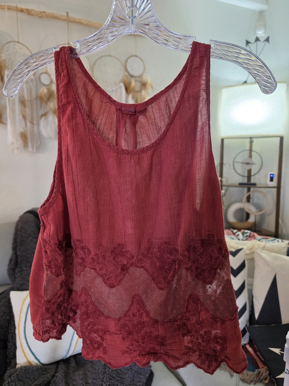 Melrose and Market Burgundy Sheer Lace-Trim Tank